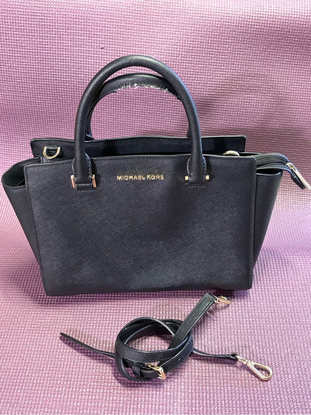 MICHAEL KORS Black Saffiano Leather Top-Handle Satchel with Gold Hardware